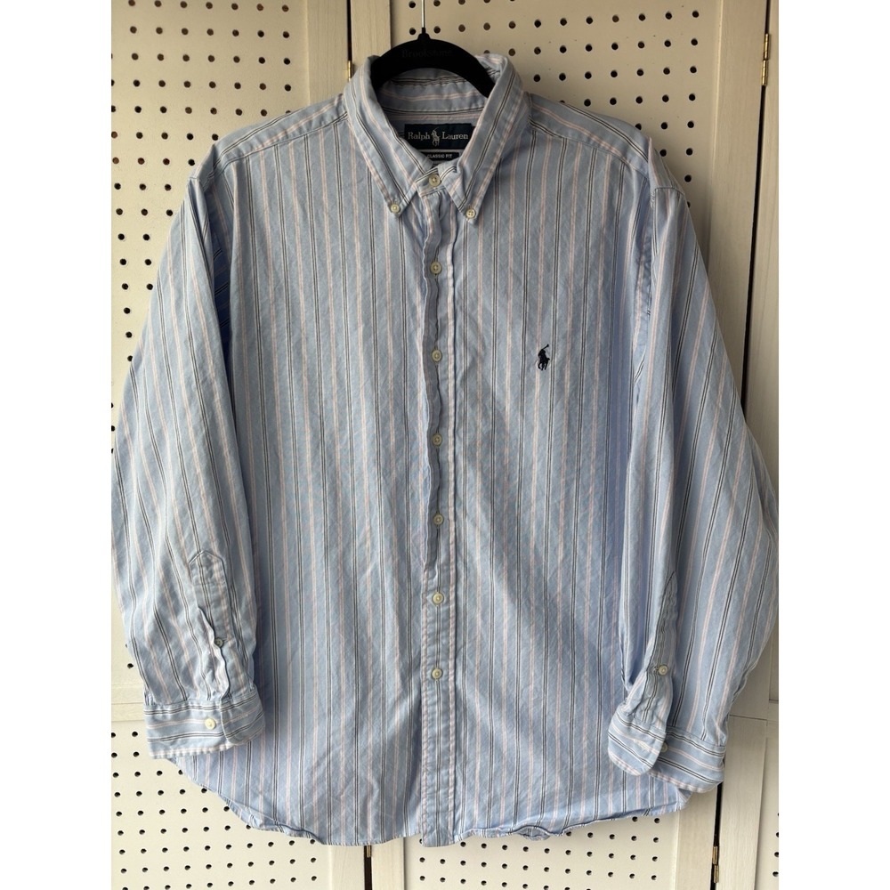 Men's 17.5 32/33 Polo Ralph Lauren Blue Pink Striped Oxford Button Down Shirt